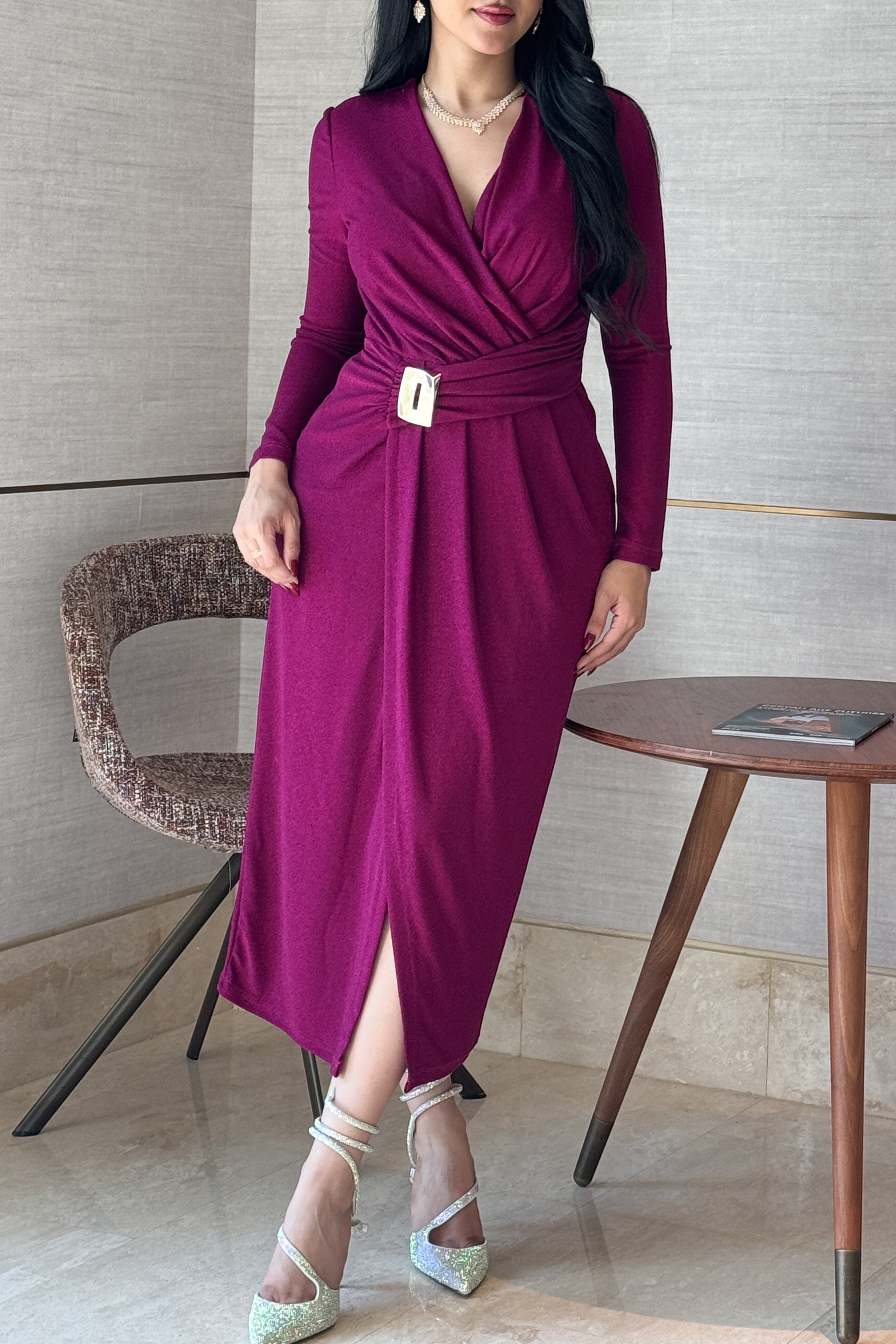 Fuchsia Brooch Pleated Midi Dress