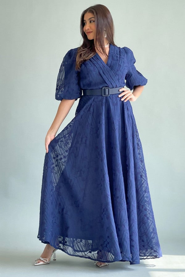 Long, embroidered, navy blue, cloche dress