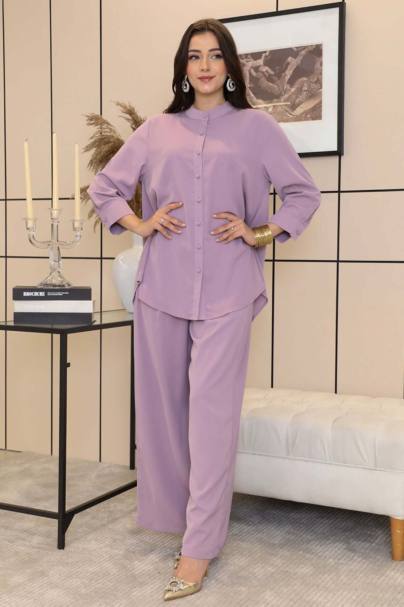 Light purple wide-leg pants and shirt set