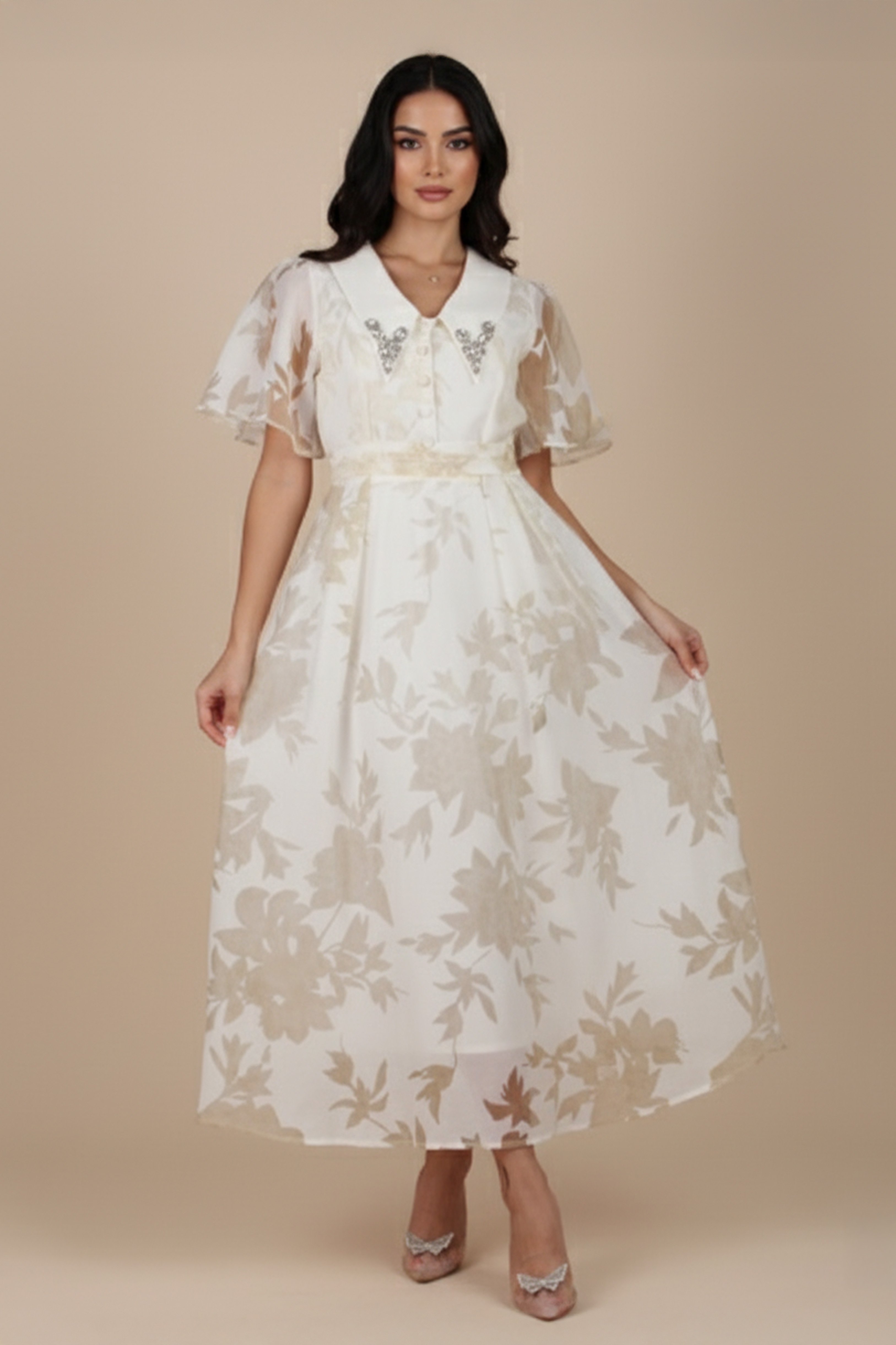 Midi organza dress with crystal collar