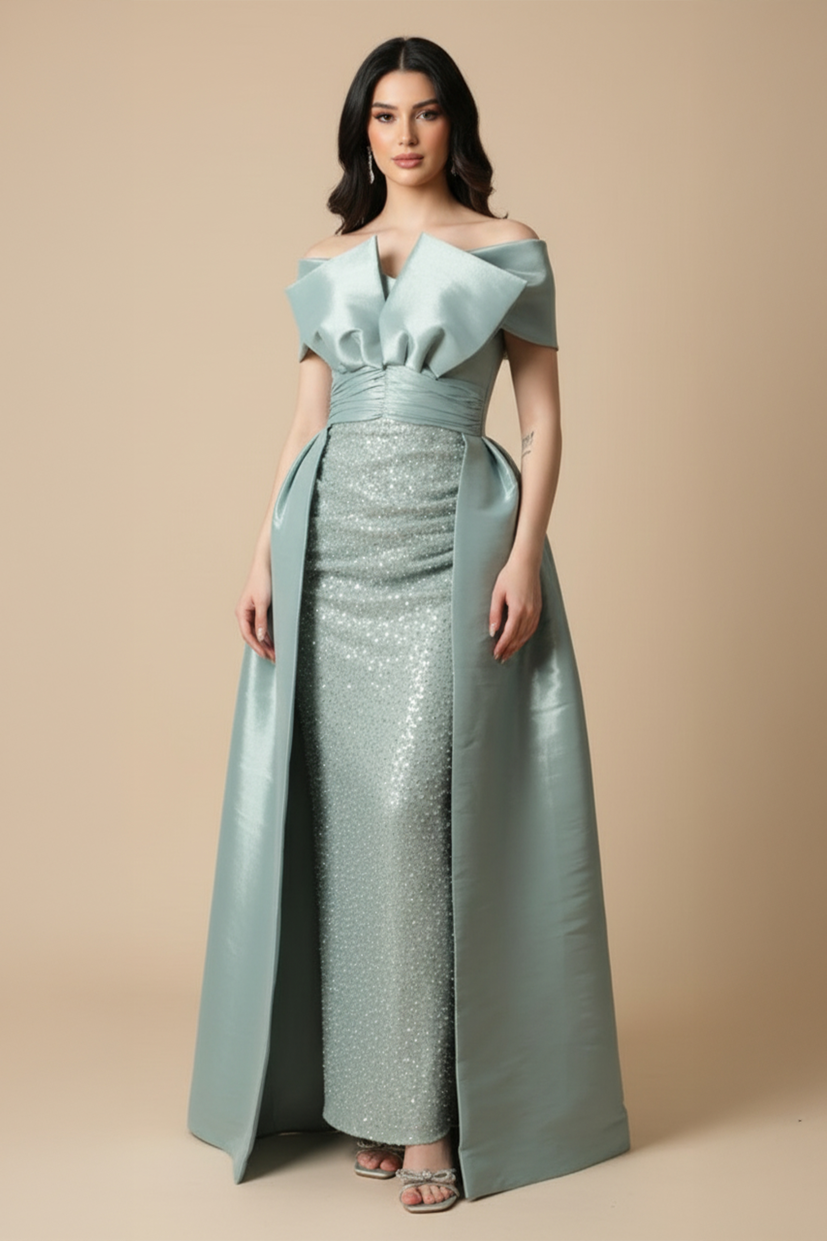 Evening dress with a split design embroidered with sequins and pearls in Tiffany color