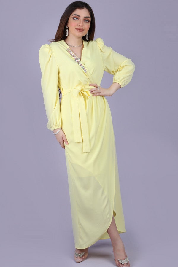 Yellow crystal wrap dress