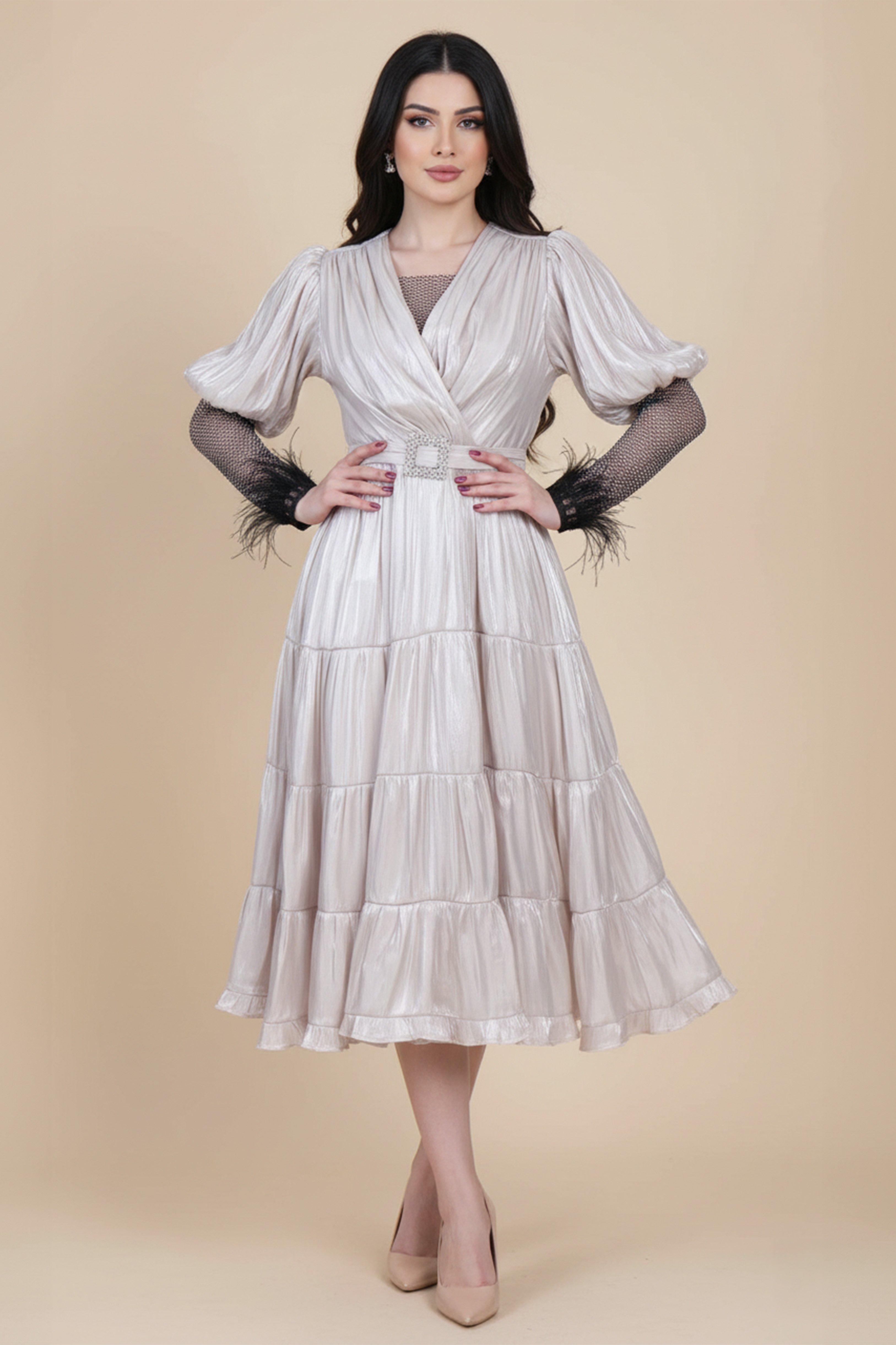 Beige mesh inner midi dress