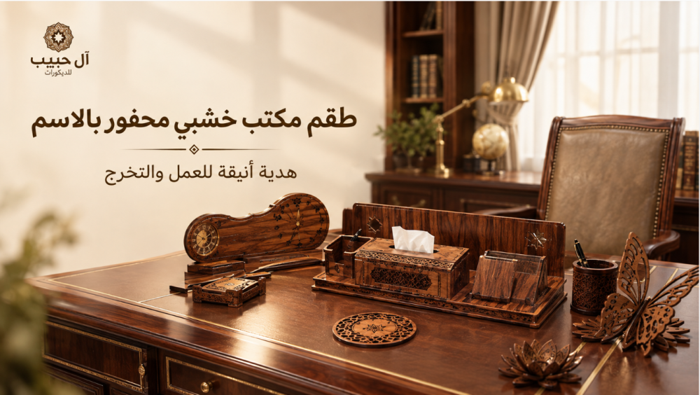 طقم مكتب خشبي مع حفر الاسم من الحبيب للديكور: فكرة هدية شخصية للعمل أو التخرج