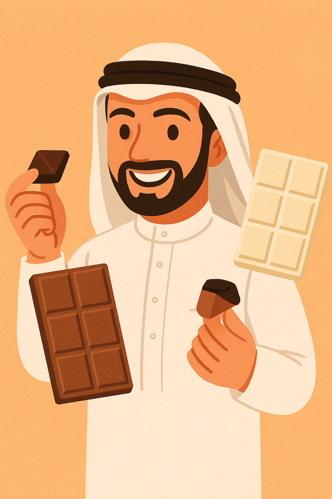 رجل سعودي بشماغ يقارن بين الشوكولاتة الداكنة والحليب والبيضاء