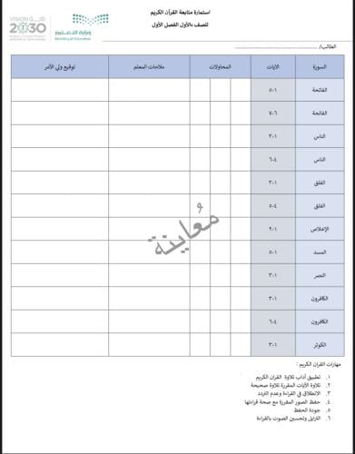 متابعة القرآن الكريم لصف الأول طالب