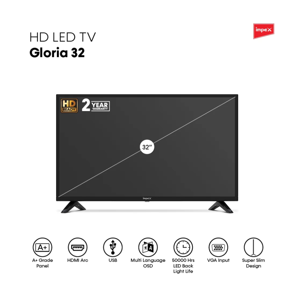 شاشة امبكس سمارت 32 بوصة اندرويد 14 Impex Smart HD TV 32 Inch GLORIA32S