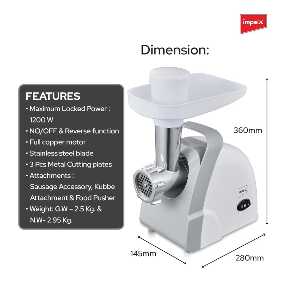 مفرمة لحم امبكس 1200 واط لون ابيض Impex Meat Grinder MG 3807