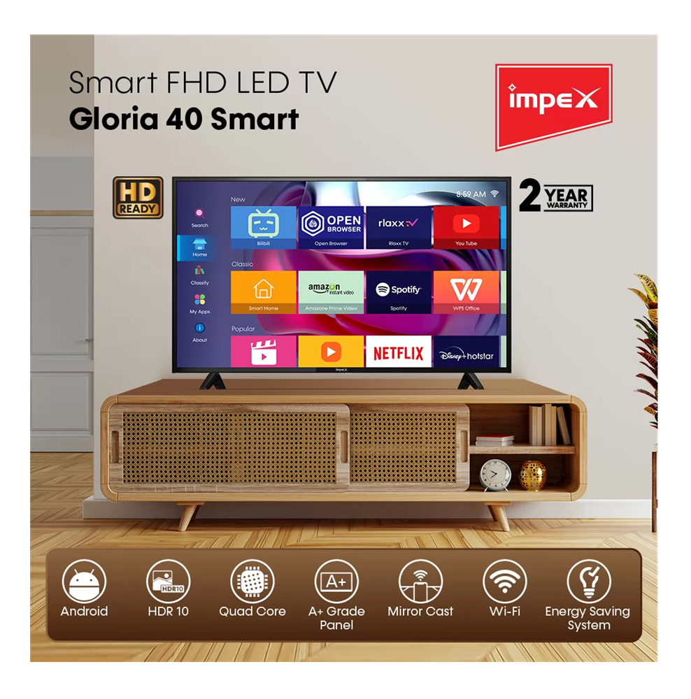 شاشة امبكس سمارت 40 بوصة اندرويد 14 Impex Smart FHD TV 40 Inch GLORIA40S