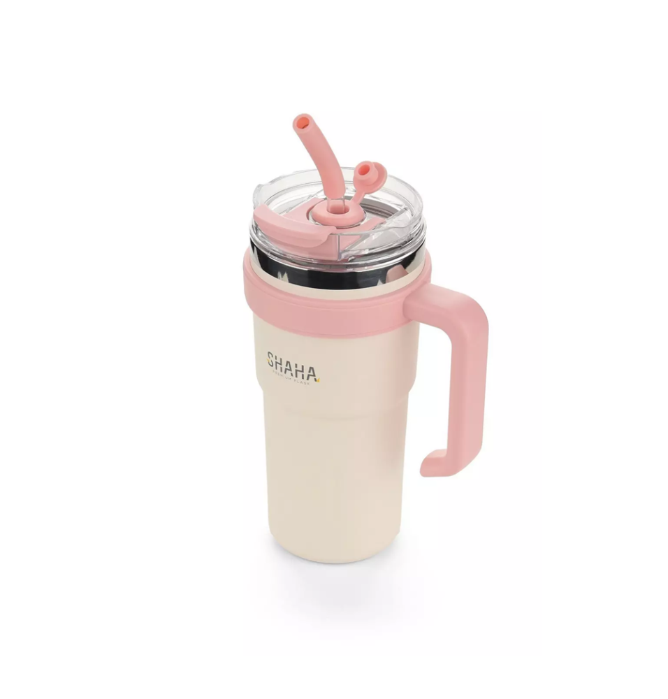 كوب حافظ للحرارة شاها 780 مل مع مصاص للشرب لون ابيض ووردي Shaha Vacuum Bottle 311115116