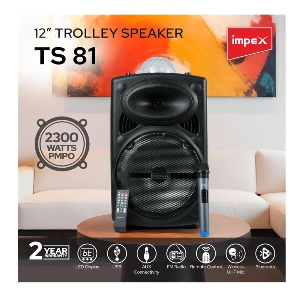 مكبر صوت امبكس 12 بوصة ترولي بلوتوث 800 واط قابل للشحن مع ريموت ومايكروفون Impex Portable Bluetooth Speaker TS81