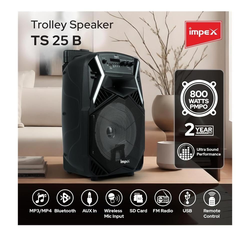 مكبر صوت امبكس 12 بوصة ترولي بلوتوث 800 واط قابل للشحن مع ريموت ومايكروفون Impex Portable Bluetooth Speaker TS25B