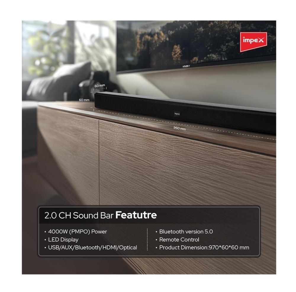 ساوند بار امبكس 2.0 بقدرة 30 واط لون اسود Impex Sound Bar SB1401