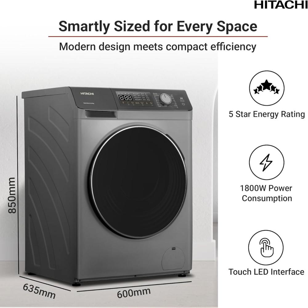 هيتاشي غسالة اوتوماتيك فتحة امامية 10.5 كج / تجفيف 7 كج سلفر Hitachi BD-D1054HVOS