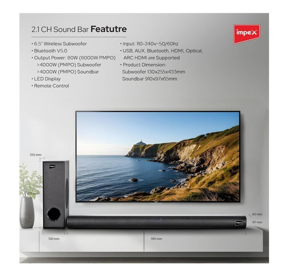 ساوند بار امبكس مع مضخم 2.1 بقدرة 80 واط لون اسود Impex Sound Bar with Subwoofer SB6000