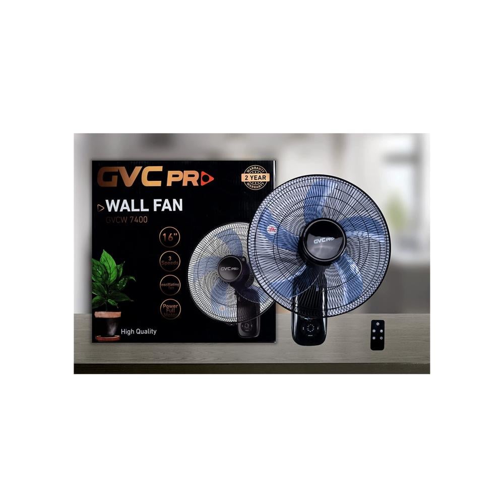 مروحة جي في سي برو جدارية 16 بوصة لون اسود مع ريموت GVC PRO Wall fan 16 Inch GVCW7400