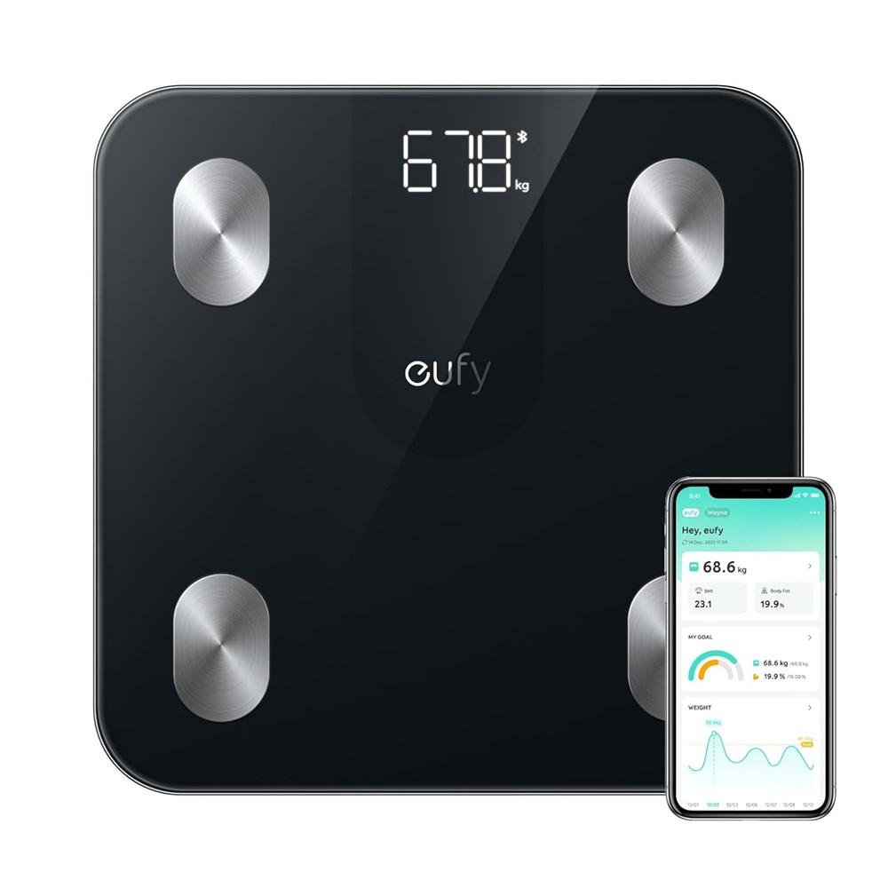 ميزان حمام رقمي يوفي مع تقنية البلوتوث لقياس الوزن ونسبة الدهون اسود Eufy Smart Scale for Body Weight A1