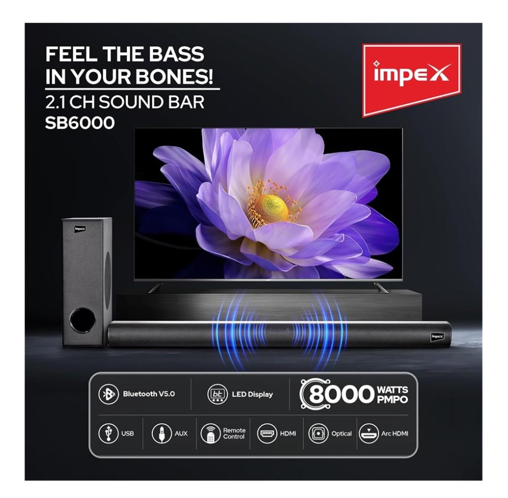 ساوند بار امبكس مع مضخم 2.1 بقدرة 80 واط لون اسود Impex Sound Bar with Subwoofer SB6000