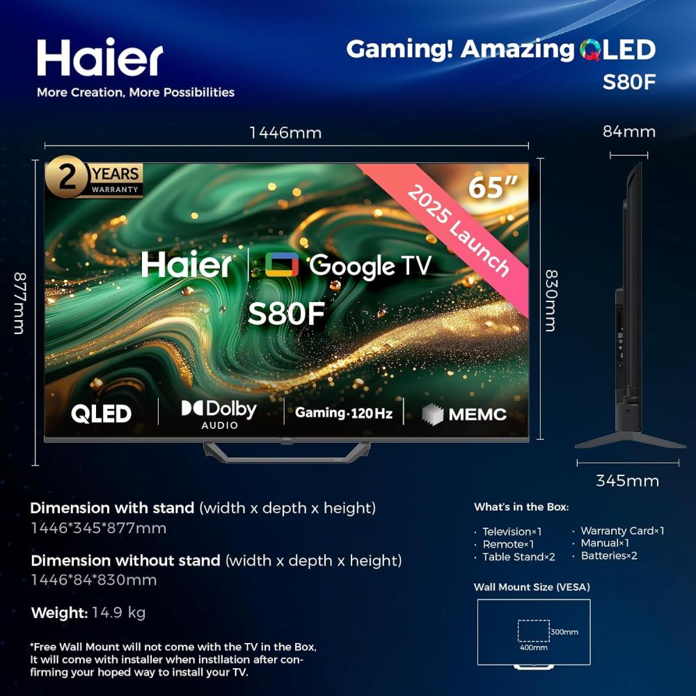 شاشة هاير سمارت 65 بوصة كيوليد 120 هيرتز جوجل تي في Haier QLED Smart Google TV H65S80FUX