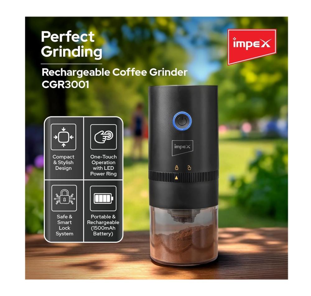 مطحنة امبكس 25 جرام 1500 ملي امبير قابلة للشحن لون اسود Impex Coffee Grinder CGR3001