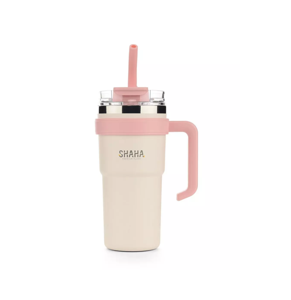 كوب حافظ للحرارة شاها 780 مل مع مصاص للشرب لون ابيض ووردي Shaha Vacuum Bottle 311115116