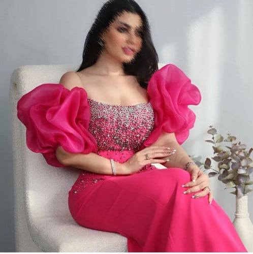 فستان سهرة قماش_ كريب استرتش تطريز شك يدوي متوفر م...
