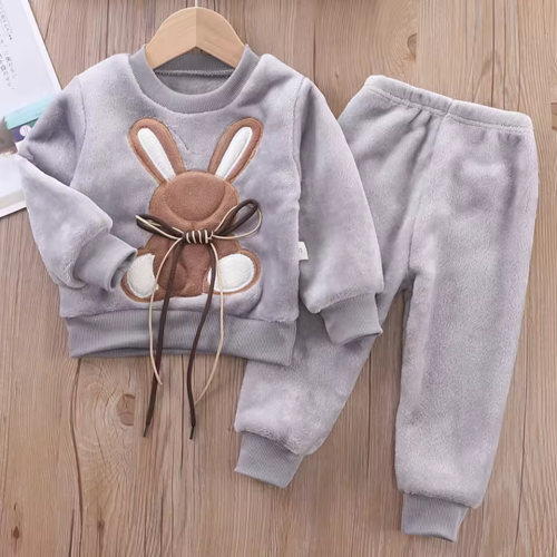 الشتاء ملابس الأطفال الخريف الفتيات الفتيان الكرتون الأرنب منامة مجموعة سميكة الفانيلا الصوف 2 قطعة مجموعات ملابس خاصة ملابس الاطفال الدافئة