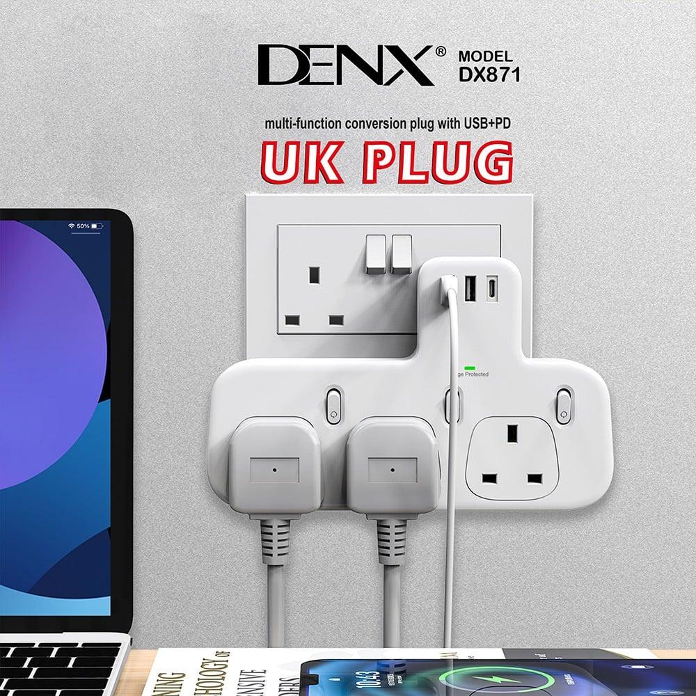 DENX- قسام كهرباء ثلاثي مع منفذين USB ومنفذ PD م/DX871 ماركة دينكس