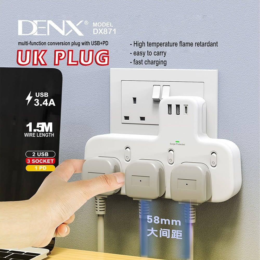 DENX- قسام كهرباء ثلاثي مع منفذين USB ومنفذ PD م/DX871 ماركة دينكس