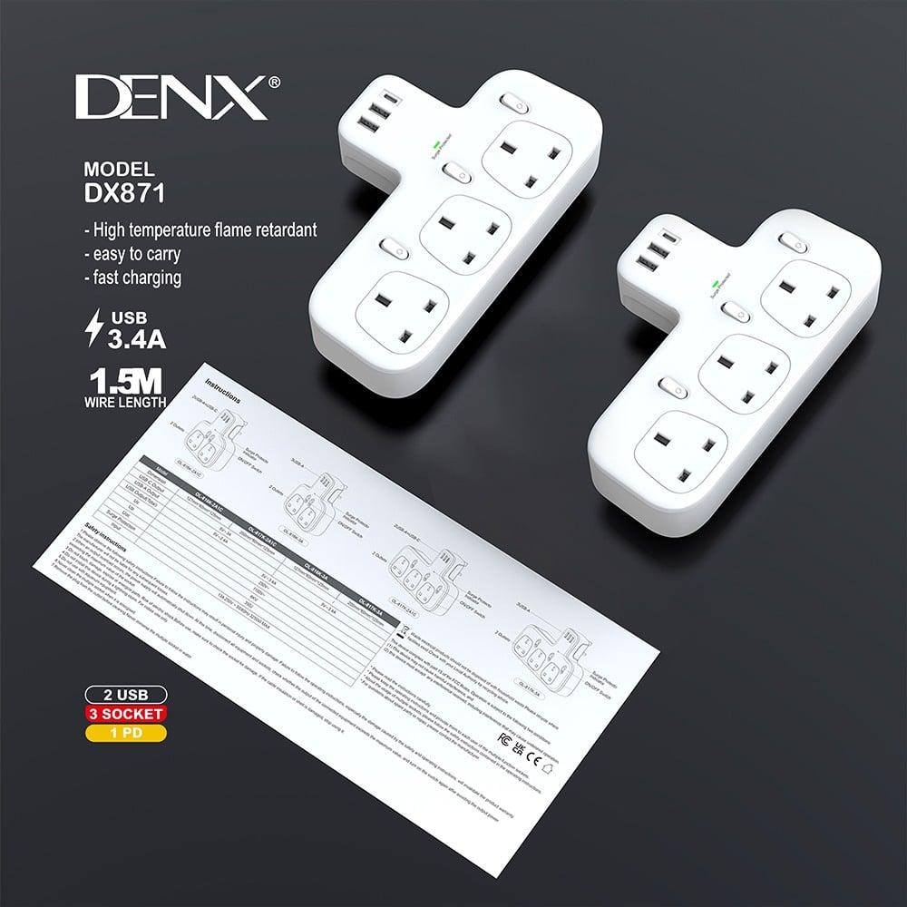 DENX- قسام كهرباء ثلاثي مع منفذين USB ومنفذ PD م/DX871 ماركة دينكس