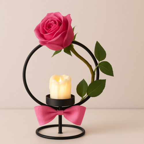 شمعدان حديد صغير أسود  مع شمعه 13x10x19.5 سم بدون الورده