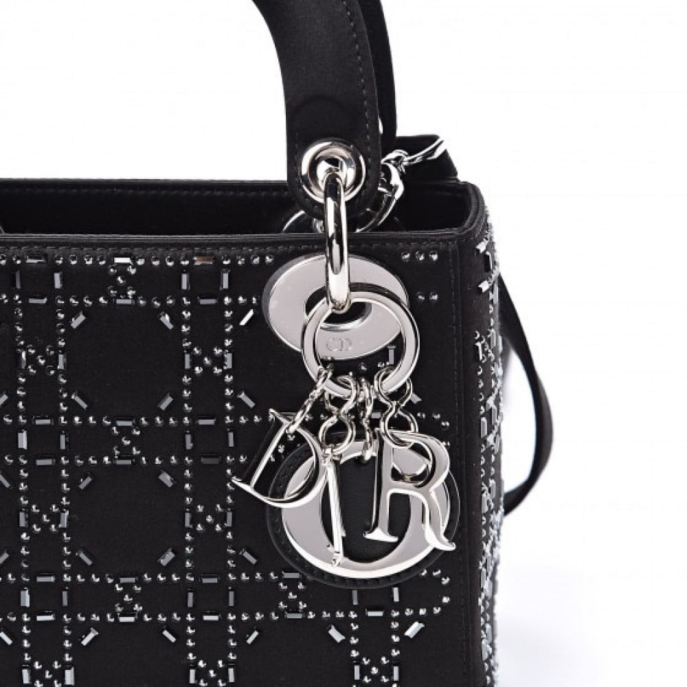 Mini lady dior bag in black cannage satin with rhinestones hot sale