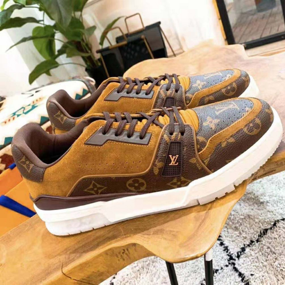 Louis Vuitton Trainer Sneaker in Monogram Canvas and Suede Calf Leather- Brown - shoes lovers
