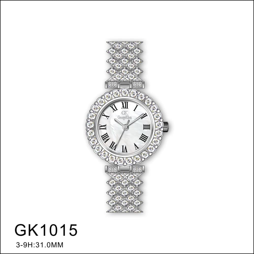 طقم نسائي سهرات  ماركة جورج كلاين GK-51015 (ساعة+سلسال+حلق+خاتم+اسواره ) فضي