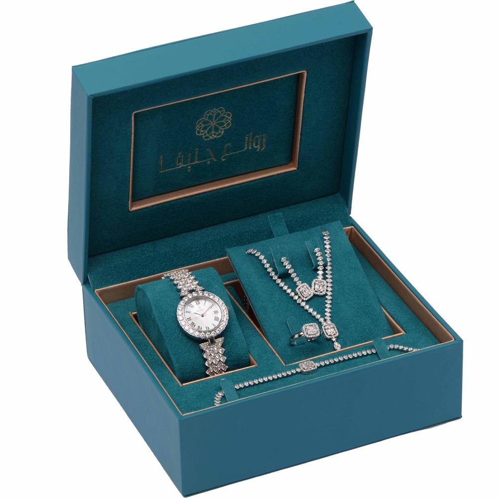 طقم نسائي سهرات  ماركة جورج كلاين GK-51015 (ساعة+سلسال+حلق+خاتم+اسواره ) فضي