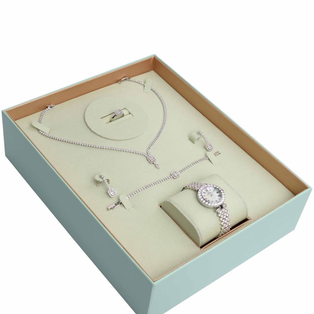 طقم نسائي سهرات  ماركة جورج كلاين GK-51015 (ساعة+سلسال+حلق+خاتم+اسواره ) فضي