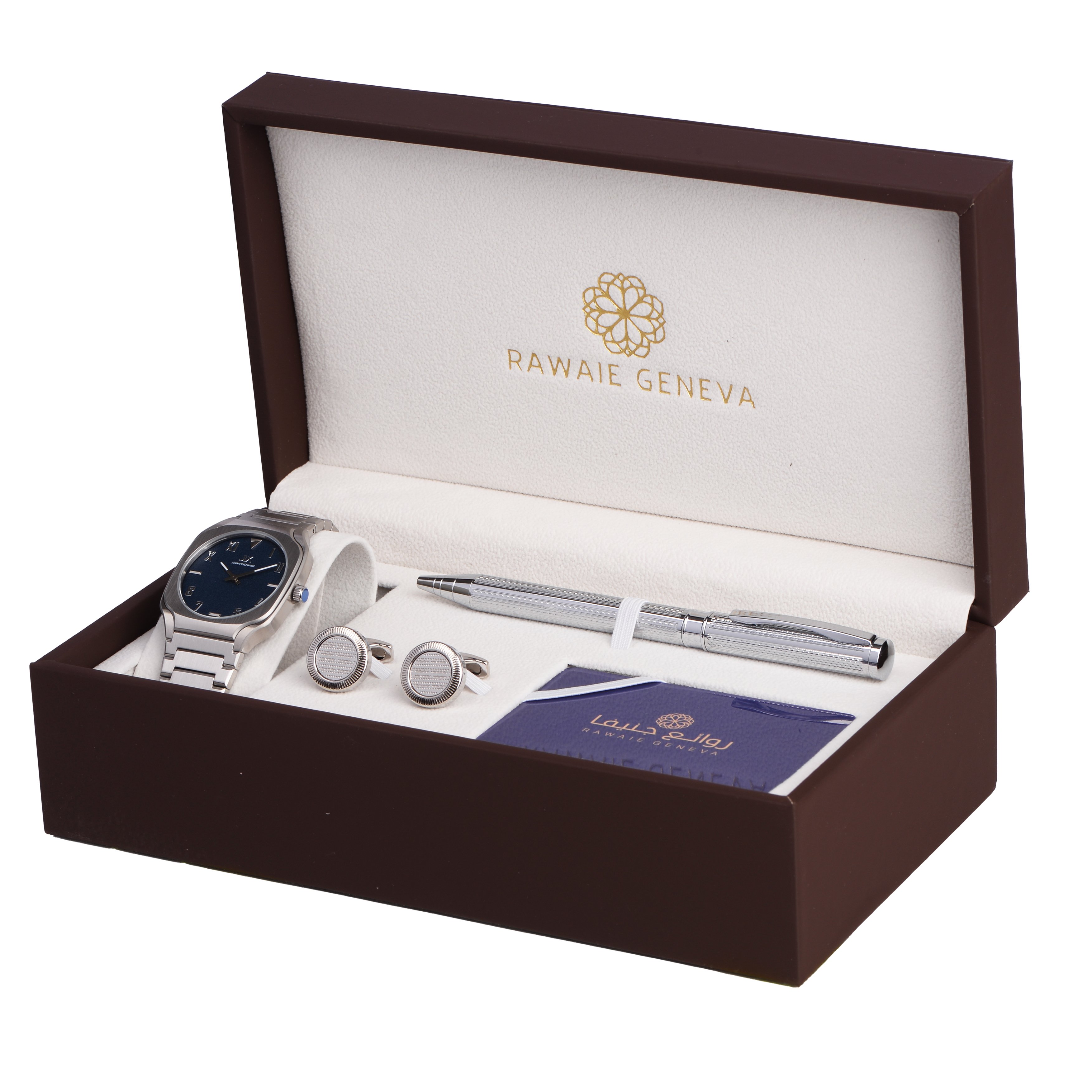طقم رجالي فاخر جديد : ساعة + قلم + كبك JX-3-3039 فضي مينا ازرق 1