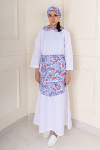 فستان ميدي ابيض بياقات مزينة نقوش زرقاء يتوفر بمقاسات متعددة