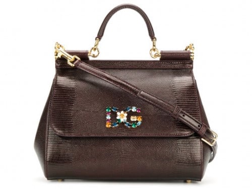 Medium iguana print calfskin Sicily bag with crystal DG logo patch