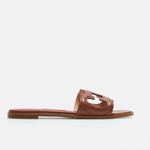 INITIALS INSIGNIA CUTOUT LEATHER SLIDES
