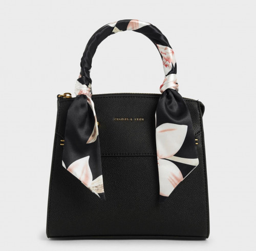 Scarf-Wrapped Top Handle Bag - Black