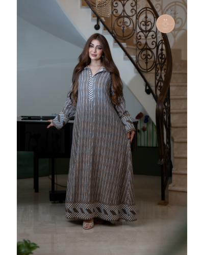 جلابية قطن مقلم بني RM-37