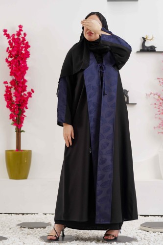 Black abaya with a collar, inserts, buttons, and lace fabric on the sleeve  - زاهية للعبايات