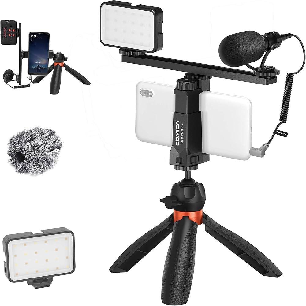 Comica cvm-vm10-k5 mobile phone recording kit with light, stand, and professional phone holder