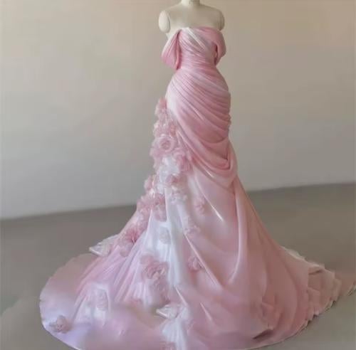 ROSES Pink Tull Evening Gown Trumpet Elegant Prom...