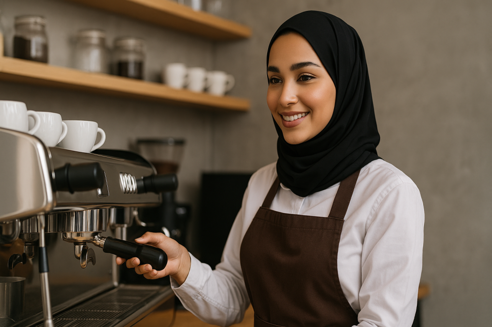 امرأة سعودية شابة ترتدي زي عمل أنيق وتقف خلف ماكينة قهوة حديثة، تُحضّر