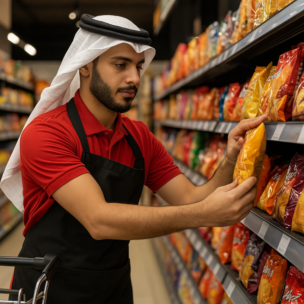 شاب سعودي يعمل على ترتيب المنتجات على أرفف سوبرماركت، يرتدي زي العمل ا