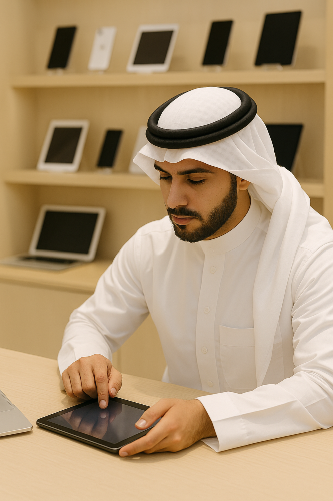 رجل عربي يرتدي الزي الخليجي التقليدي (الثوب والغترة والعقال)، يجلس على