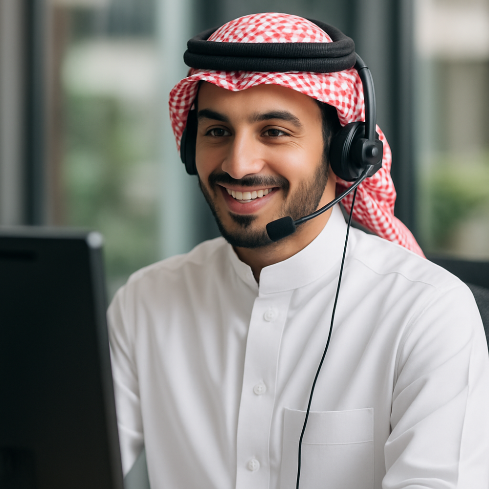 موظف سعودي أو موظفة سعودية تعمل في قسم خدمة العملاء داخل مركز احترافي