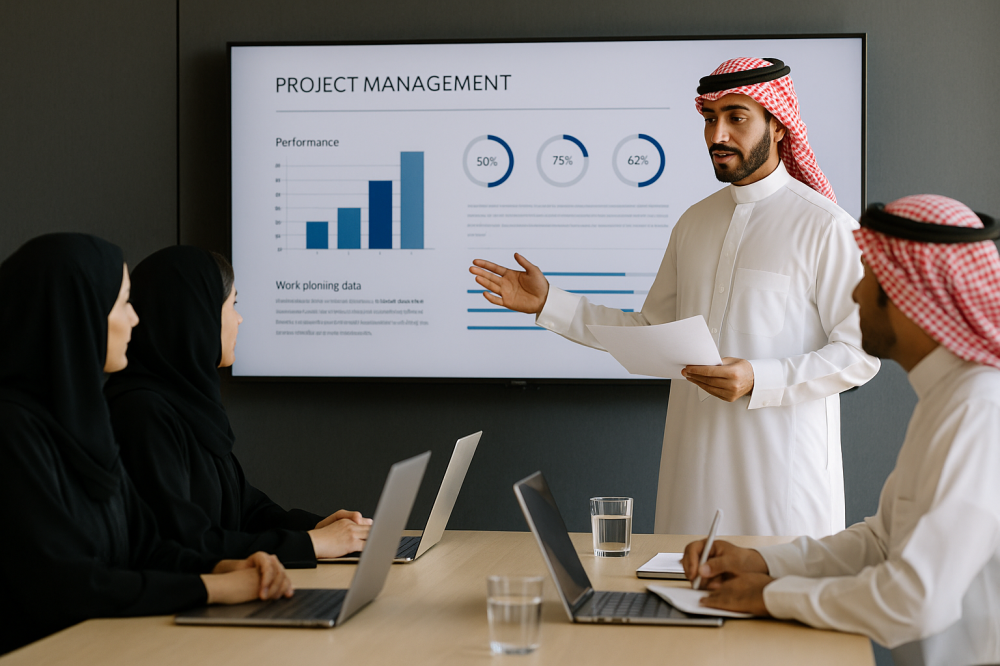 مدير مشروع سعودي يجتمع مع فريق عمل إداري داخل قاعة اجتماعات حديثة، يعر